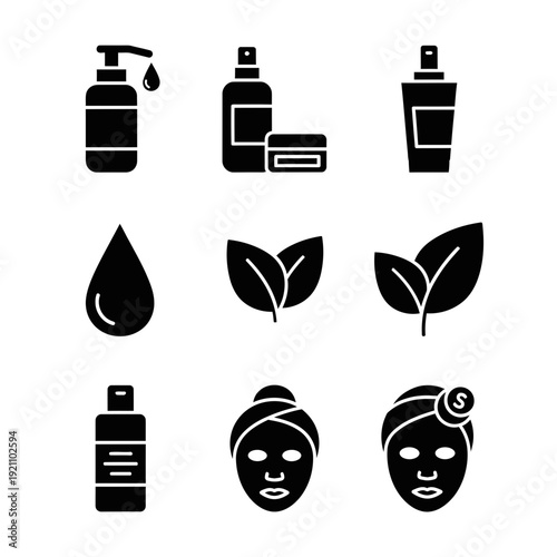 Collection of black silhouette icons for skincare and beauty products, featuring bottles, jars, a drop, and face masks.