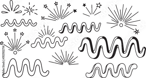 Hand drawn abstract line art elements in minimalist style with black and white color scheme on clean white background for graphic design