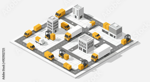 Isometric City with Logistics and Transport Vehicles.