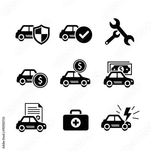Automotive Service and Car Care Icons Set: Vehicle Insurance, Repair, Maintenance, and Roadside Assistance Symbols