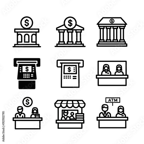 Bank and Financial Service Icons Set: Outline and Glyph Styles for ATM, Branch, and Teller Operations with Customer Interaction