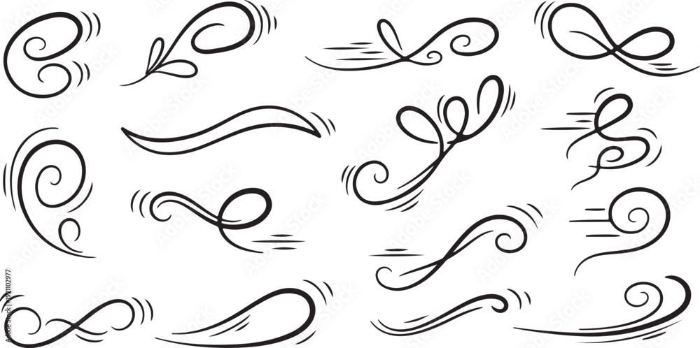 Fototapeta premium Swirling Line Art Elements in Modern Minimalist Style with Black Ink on White Background for Graphic Design