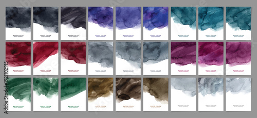 A comprehensive set of versatile watercolor vector graphic designs, featuring elegant abstract paint textures in a wide range of captivating hues for artistic backgrounds.