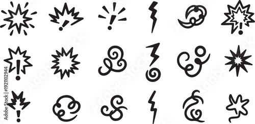 Hand-Drawn Exclamation Marks in Black Ink on White Background with Whimsical Style for Graphic Design