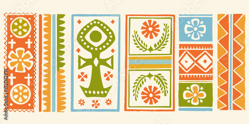 A colorful row of traditional pysanka egg designs and geometric patterns