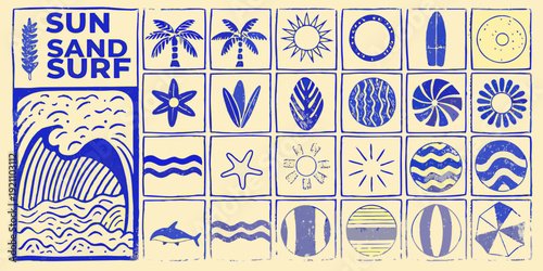 A grid of blue and white summer themed icons and illustrations