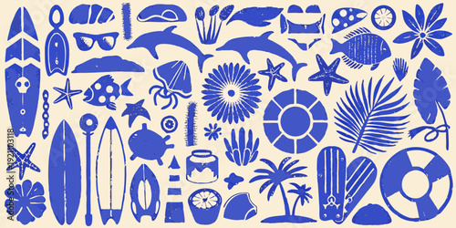 Blue and white illustrative composition of various marine life and objects