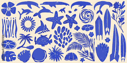 Blue marine life and tropical elements in a playful illustrative style
