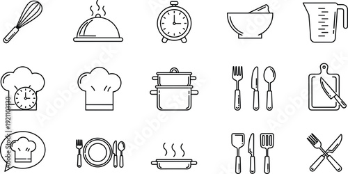 Modern Line Art Kitchen Utensil Icon Set Featuring Chef Hats Cooking Pots Cutlery and Baking Tools for Restaurant Menus Food Blogs and Culinary Graphic Designs
