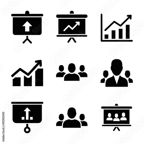 Business Presentation and Team Meeting Icons: Flat Black Vector Illustrations for Growth, Analytics, and Audience Engagement.