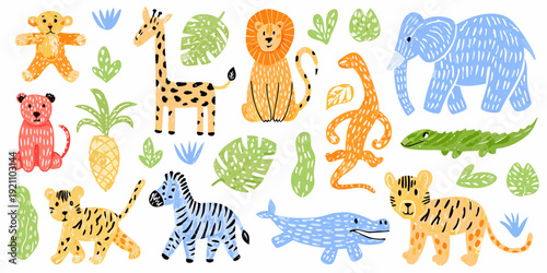 Colorful childlike drawing featuring various african animals and tropical foliage