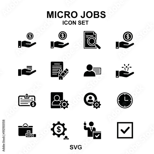 Micro Jobs and Freelance Work Vector Icon Set for Online Tasks, Money Earning, and Time Management with User Profiles and Productivity Symbols.