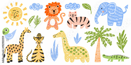 Colorful childlike drawing featuring various animals and botanical elements