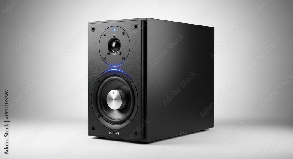 Obraz premium Modern black bookshelf speaker with blue LED light, studio monitor, audio equipment