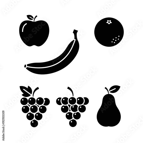 Fresh Fruit Silhouette Icons Collection with Apple, Banana, Orange, Grapes, and Pear for Healthy Eating and Nutrition Concepts