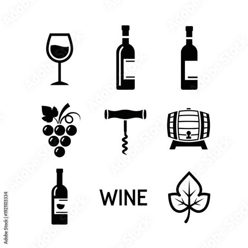 Elegant Wine and Vineyard Icon Collection Featuring Wine Bottles, Glass, Grapes, Corkscrew, and Barrel for Winery Branding