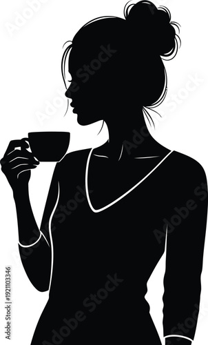 Silhouette of woman drinking coffee in elegant pose