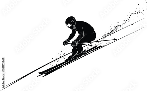 Black vector silhouette of a professional skier downhill racing on snow for winter sports mountain resort and alpine holiday branding, cad drawing flat vector illustration