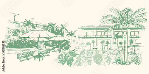 A serene tropical resort scene with a pool palm trees and buildings