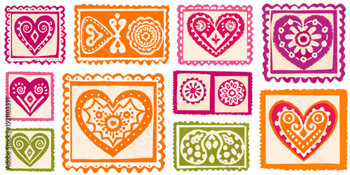 Colorful collection of decorative postage stamps featuring hearts and flowers