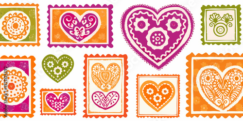 Collection of colorful decorated heart shaped postage stamps arranged on white