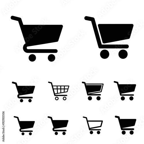 Collection of various shopping cart and trolley icons in silhouette style for retail store and e-commerce website design.