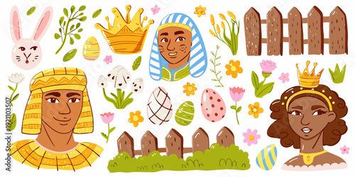 A colorful collection of easter eggs pharaohs bunnies and floral elements