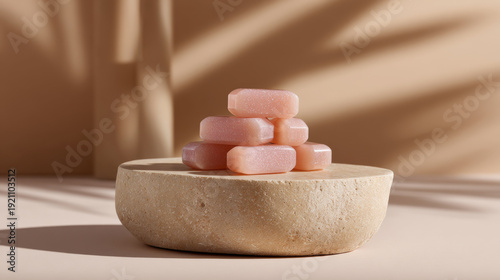 Soft pink gummy supplement stack on natural stone with warm light