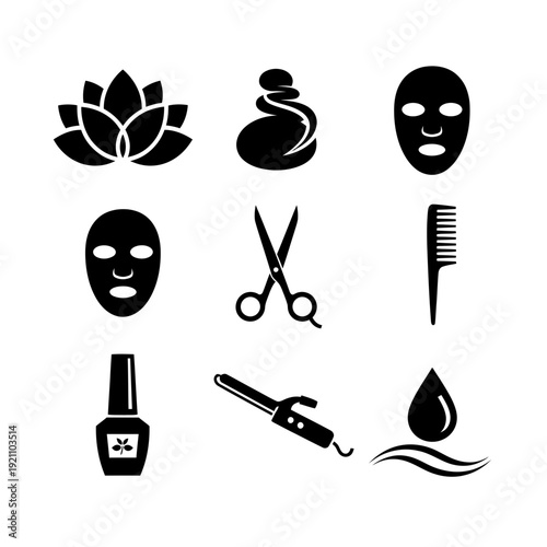 Wellness and Beauty Spa Vector Icons Set Featuring Lotus Flower Facial Mask and Grooming Tools