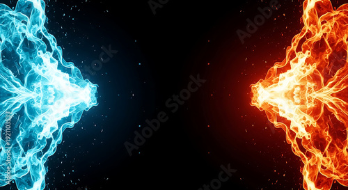 intense blue and red fire streams colliding on a dark background symbolizing elemental opposing forces fierce conflict and duality.