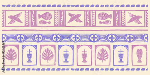 Repeating pattern of birds chalices and geometric shapes in purple hues