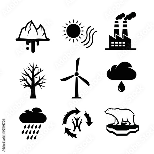 Comprehensive Set of Global Warming and Climate Change Icons Showing Melting Icebergs, Pollution, Polar Bears and Environmental Issues