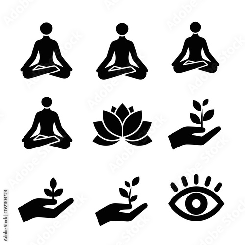 Holistic Wellness and Meditation Icon Set Featuring Yoga Poses, Lotus Flowers, Growth Symbols and Mindful Vision Concept