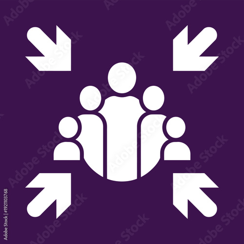 Purple evacuation meeting point icon featuring community members silhouettes with inward facing arrows for safety coordination