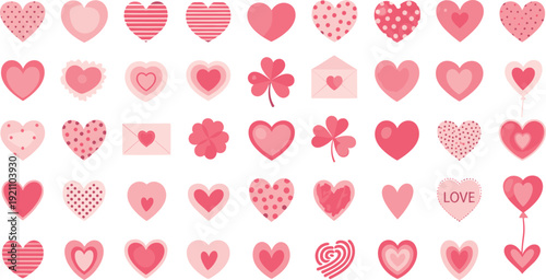 Large Collection of Pink Heart Icons and Romantic Symbols Featuring Patterns Envelopes Clovers and Love Themes for Valentine Day Wedding Invitations and Social Media Graphic Designs