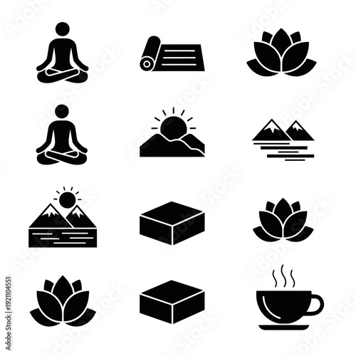 Zen meditation and yoga icons: meditating person, lotus flower, mountains, sunrise, yoga mat, coffee cup