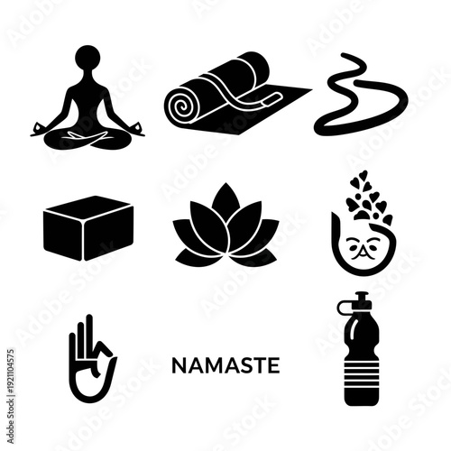 Yoga and meditation icons: person in lotus pose, yoga mat, lotus flower, water ripple, Namaste hand gesture, bottle