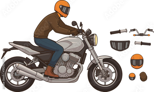 Vintage Style Cafe Racer Motorcycle Side View Vector Illustration with Riding Gear Icons, Full Face Helmet, Handlebar Grips, and Biker Equipment for Graphic Design