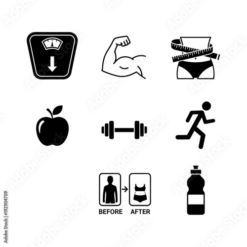 Fitness and health icons: scale muscle measuring tape apple dumbbell runner water bottle