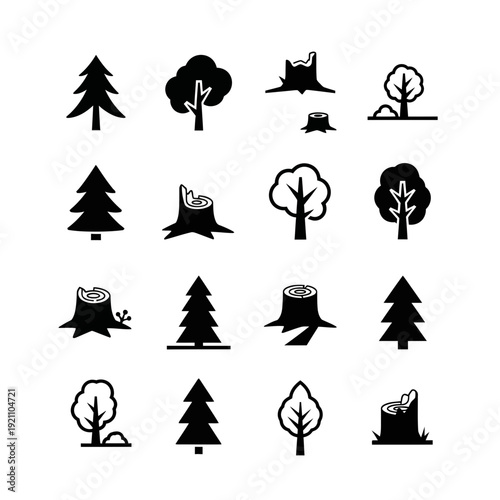 Forest and trees icon set: including evergreen, deciduous trees, and tree stumps of various sizes. Nature and deforestation concept illustration.