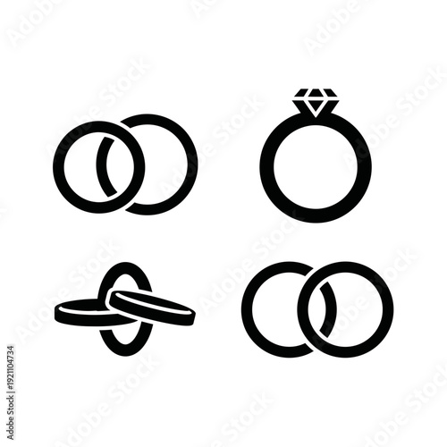 Wedding rings and engagement ring icons set. Symbols of love, marriage, commitment, and jewelry. Elegant black and white illustration.