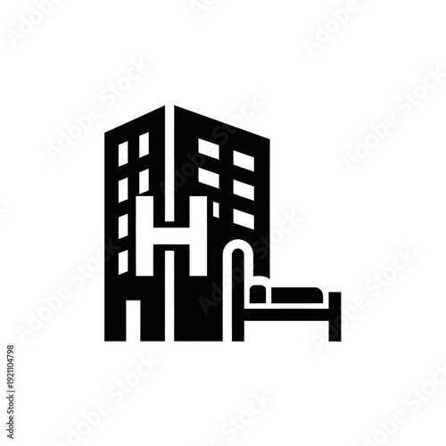 Hotel building silhouette with a single bed in front, representing accommodation and lodging, black and white icon