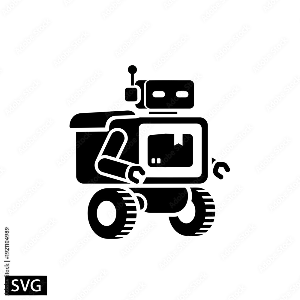 Obraz premium Futuristic robot icon with wheels and a cargo compartment, representing automation, logistics, AI, and modern delivery services.