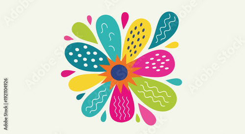 A vibrant illustration of a stylized, colorful flower