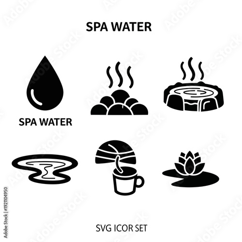 Minimalist vector icons for spa and wellness, featuring a water drop, hot stones, hot tub, lotus flower, and tea cup for relaxation and self-care concepts.