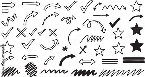 Hand Drawn Arrows and Stars in Simple Black and White Style with Various Line Textures for Graphic Design Elements
