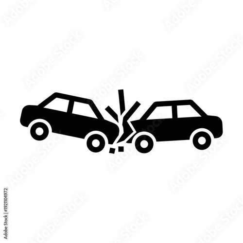 Simple vector illustration of a car crash, depicting two vehicles colliding with impact lines, symbolizing accidents, insurance, and traffic incidents.