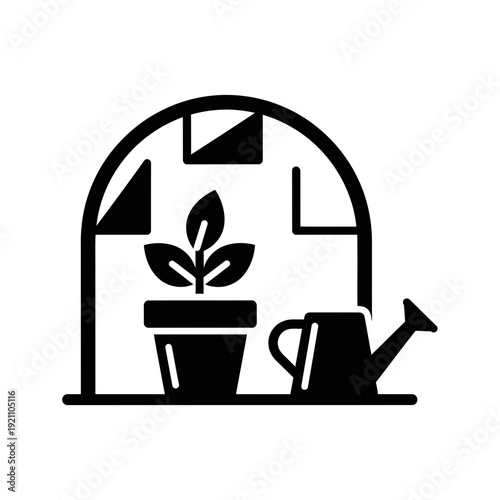 Minimalist Black Silhouette Vector Icon of a Potted Plant in a Greenhouse with a Watering Can, Representing Gardening, Horticulture, Growth, and Sustainable Agriculture.