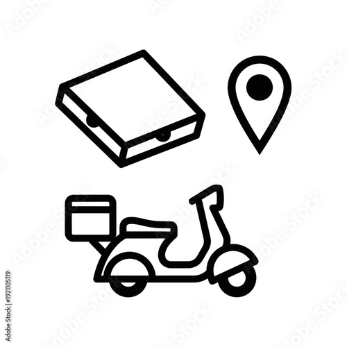 Clean Black Outline Vector Icons for Pizza Delivery Service, Featuring a Pizza Box, Location Pin, and Delivery Scooter, Perfect for Fast Food and Online Ordering Apps.