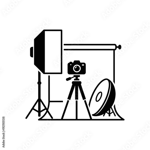 Detailed Black Silhouette Vector Icon of a Professional Photography Studio Setup with Camera, Tripod, Softbox, and Reflector, for Visual Arts and Production.